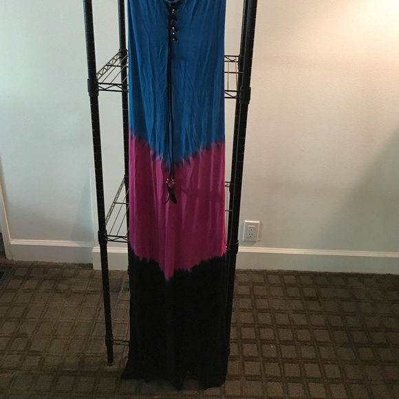 Sky blue, pink, and black Maxi Dress &feather tie - Picture 7 of 10